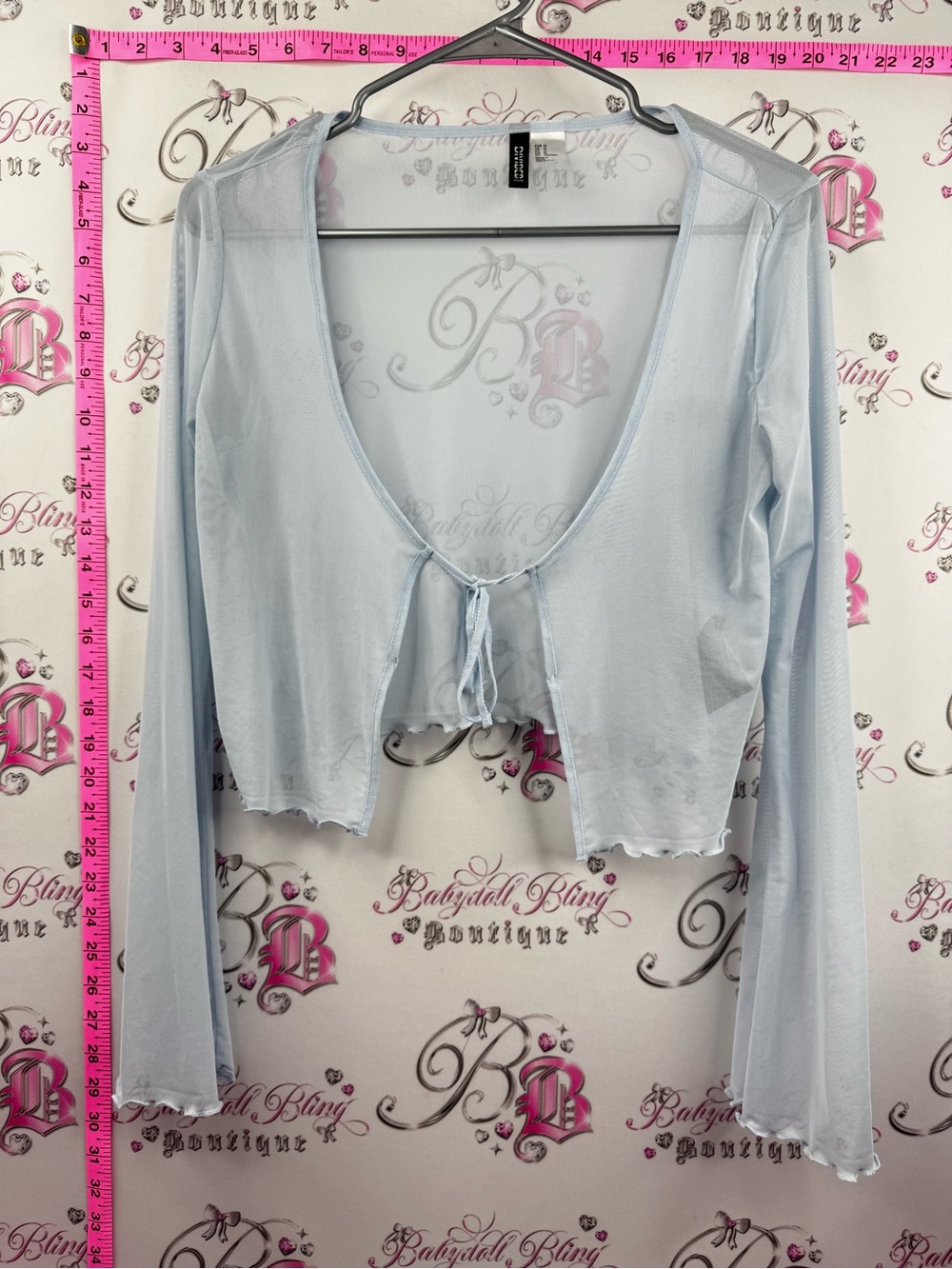 Divided cardigan shirt top Sheer Tie-Front Crop Cardigan in Light Blue ribbon